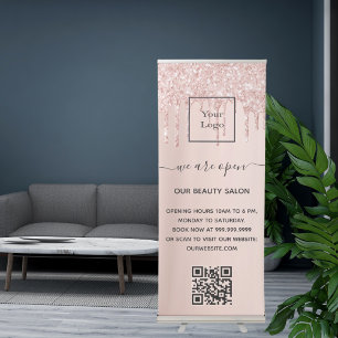 Rose gold glitter drips business logo qr code retractable banner