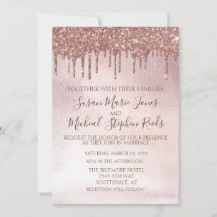 Rose Gold Glitter Drips  Calligraphy Wedding Invitation