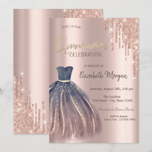 Rose Gold Glitter Drips Chic Dress Quinceañera  Invitation
