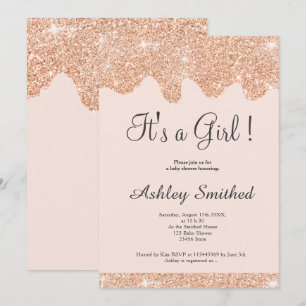 Rose gold glitter drips chic pink girl baby shower invitation