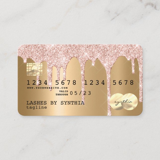 Rose gold glitter drips Credit Card gold hologram (Front)