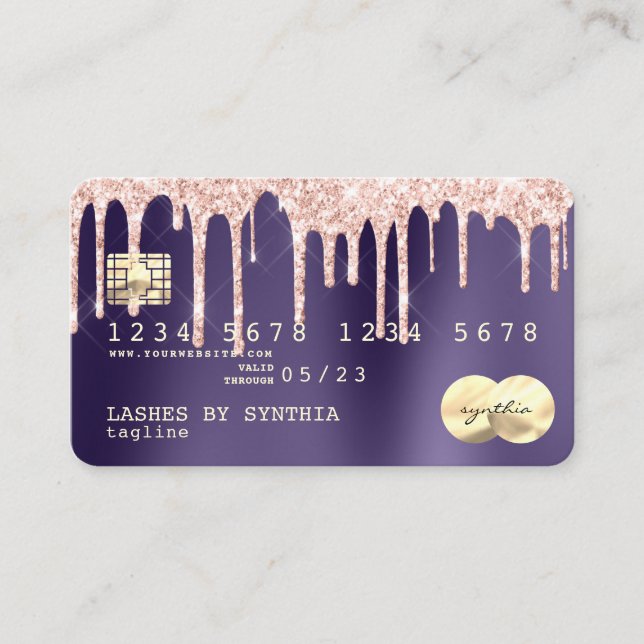 Rose gold glitter drips Credit Card gold hologram (Front)