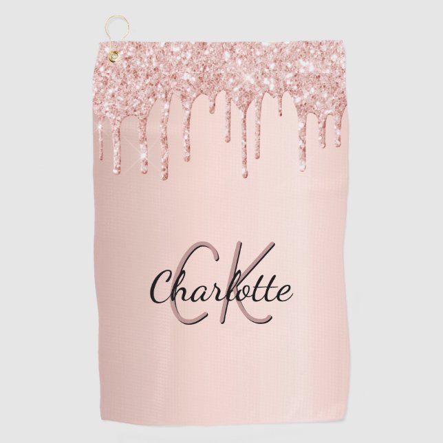 Rose gold glitter drips custom monogram name  golf towel (Front)
