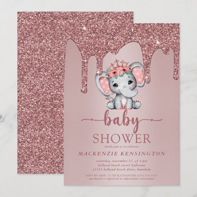 Rose Gold Glitter Drips Cute Elephant Baby Girl Invitation (Front/Back)