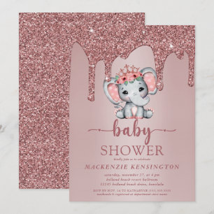 Rose Gold Glitter Drips Cute Elephant Baby Girl Invitation