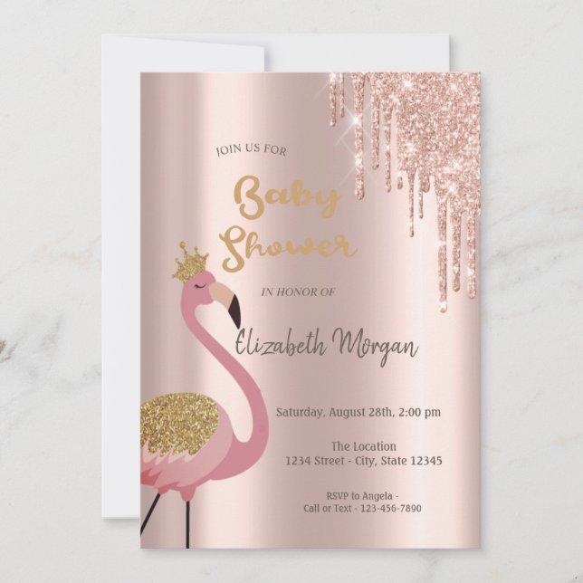 Rose Gold Glitter Drips,Cute Pink Flamingos Invitation (Front)