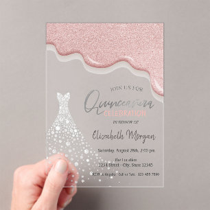 Rose Gold Glitter Drips Diamond Dress Quinceañera  Acrylic Invitations