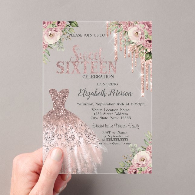 Rose Gold Glitter Drips,Dress Floral Sweet 16 Acrylic Invitations (Insitu (Handheld))