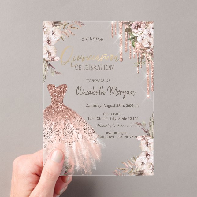 Rose Gold Glitter Drips Dress Flowers Quinceañera Acrylic Invitations (Insitu (Handheld))