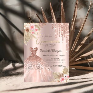 Rose Gold Glitter Drips Dress Flowers Quinceañera Invitation