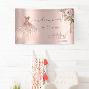 Rose Gold Glitter Drips,Dress Flowers Sweet 16 Banner