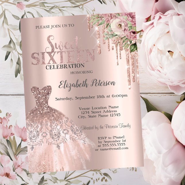 Rose Gold Glitter Drips,Dress Flowers Sweet 16 Invitation (Creator Uploaded)
