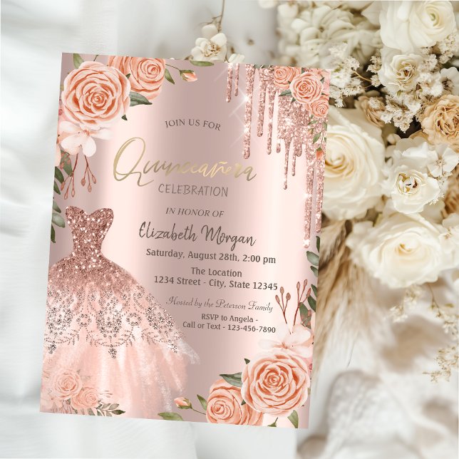 Rose Gold Glitter Drips Dress Peach Roses Invitation (Creator Uploaded)