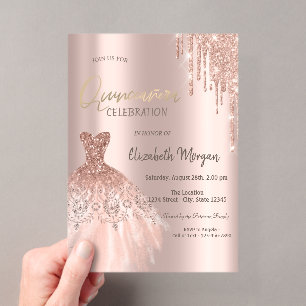 Rose Gold Glitter Drips Dress Quinceañera Acrylic Invitations