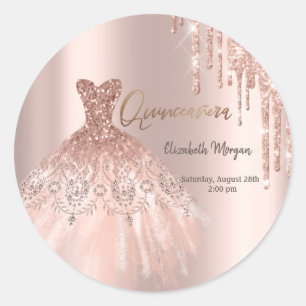 Rose Gold Glitter Drips Dress Quinceañera Classic Round Sticker