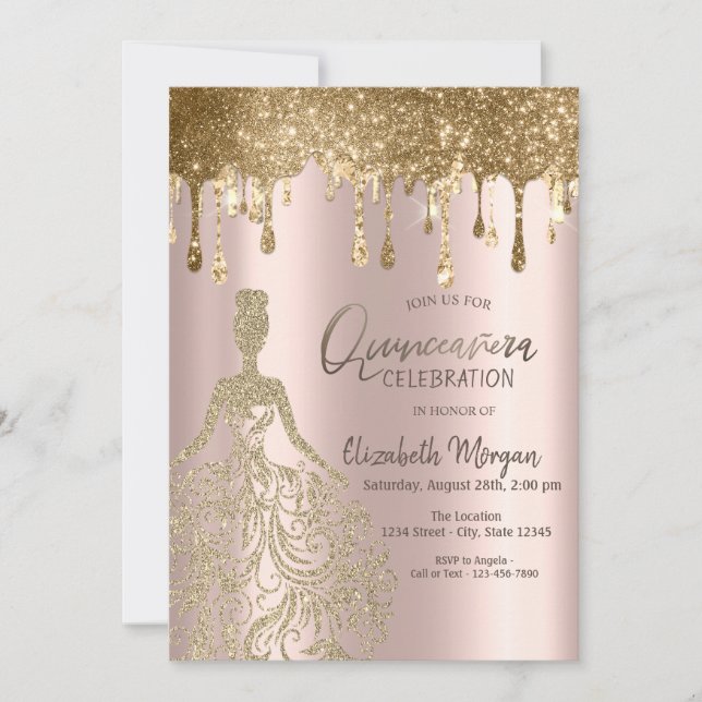 Rose Gold Glitter Drips Dress Quinceanera  Invitation (Front)