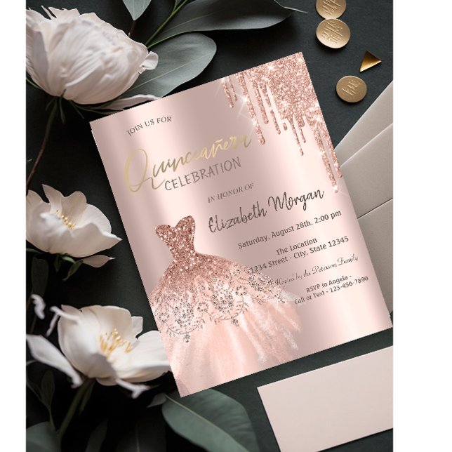 Rose Gold Glitter Drips Dress Quinceañera Invitation (Creator Uploaded)