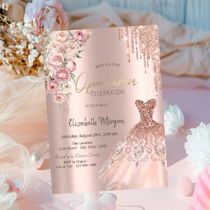 Rose Gold Glitter Drips Dress Roses Quinceañera Invitation