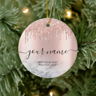 Rose Gold Glitter Drips Elegant Chic Script Name Ceramic Tree Decoration