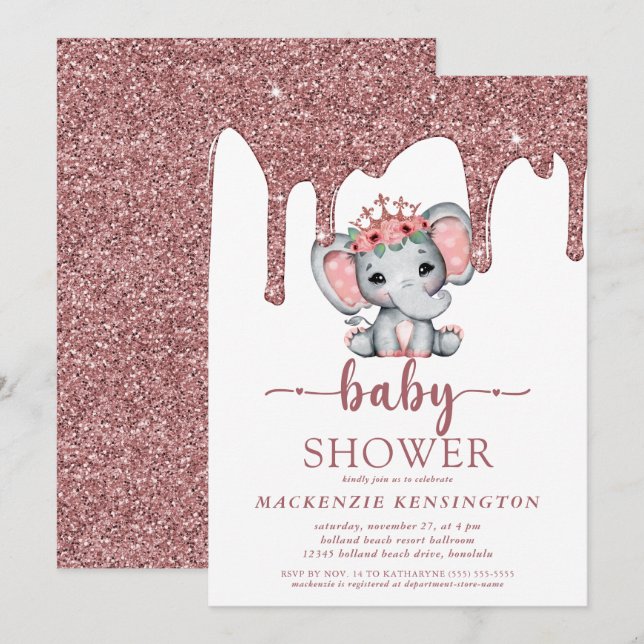 Rose Gold Glitter Drips Elephant Girl Baby Shower Invitation (Front/Back)