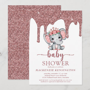 Rose Gold Glitter Drips Elephant Girl Baby Shower Invitation