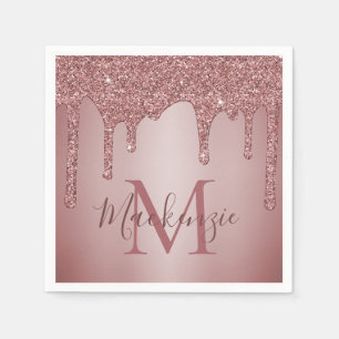 Rose Gold Glitter Drips Fashion Monogram Napkin