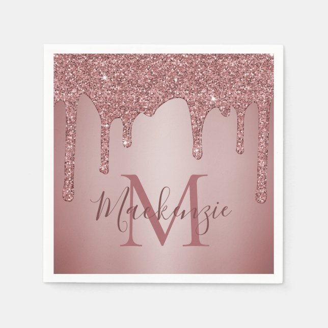 Rose Gold Glitter Drips Fashion Monogram Napkin (Front)