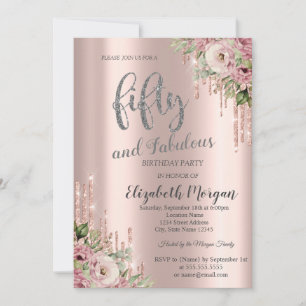  Rose Gold Glitter Drips Flowers 50th Birthday  Invitation