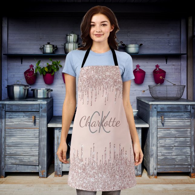 Rose gold glitter drips girly monogram name apron (Creator Uploaded)