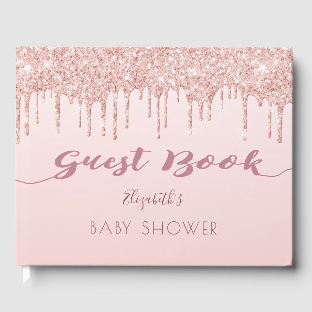 Rose gold glitter drips glam Baby Shower Guest Book (Front)