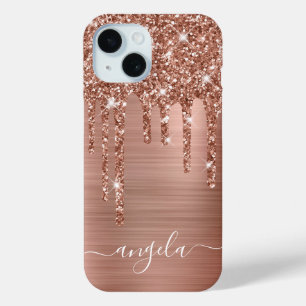 Rose Gold Glitter Drips Glam Girly Signature iPhone 15 Case