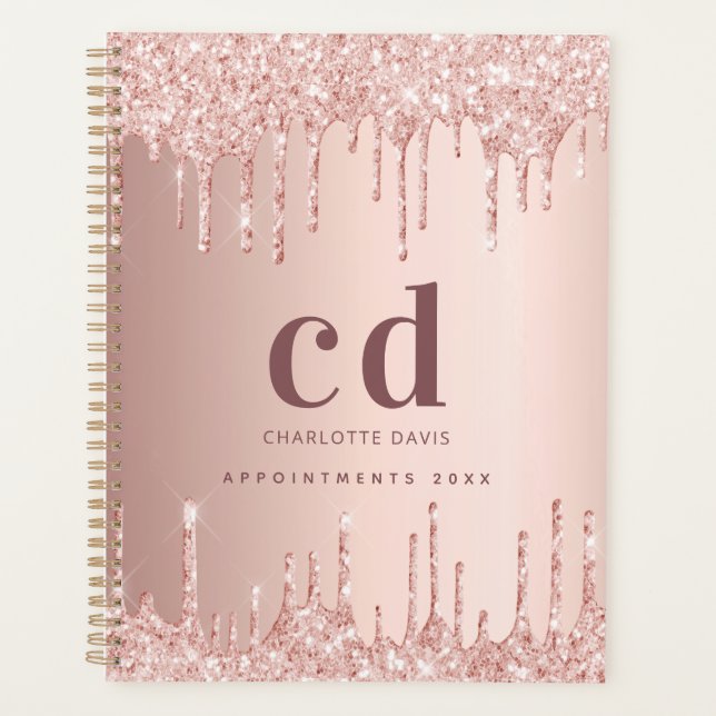 Rose gold glitter drips glam monogram planner (Front)