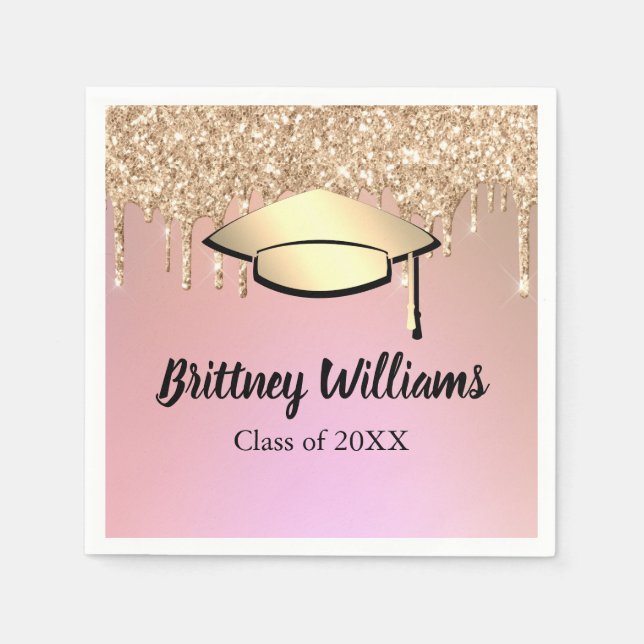 Rose Gold Glitter Drips Graduate Napkin (Front)