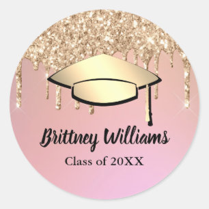 Rose Gold Glitter Drips Graduation Party Classic Round Sticker