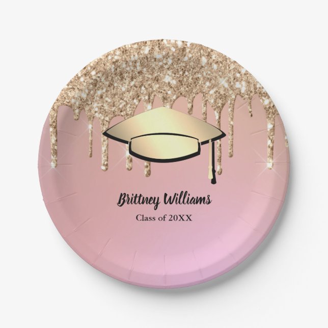 Rose Gold Glitter Drips Graduation Themed Paper Plate (Front)