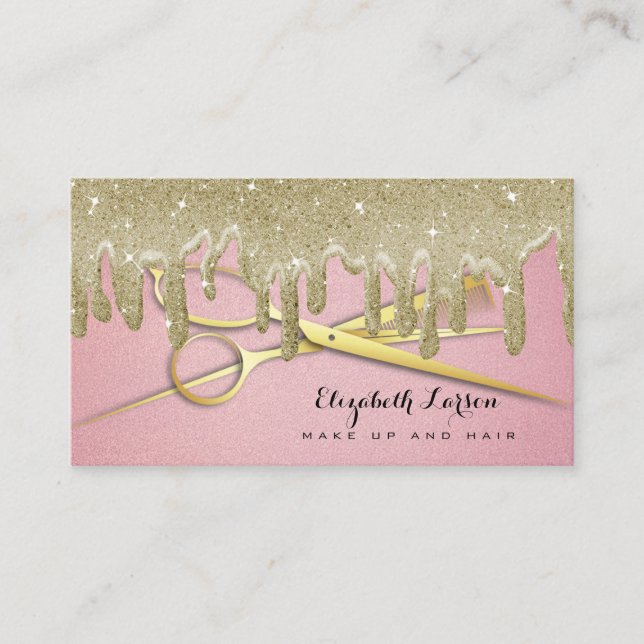 Rose Gold Glitter Drips Hair Stylist Beauty Salon Business Card (Front)