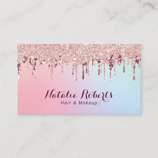 Rose Gold Glitter Drips Hair Stylist Makeup Artist Business Card (Front)