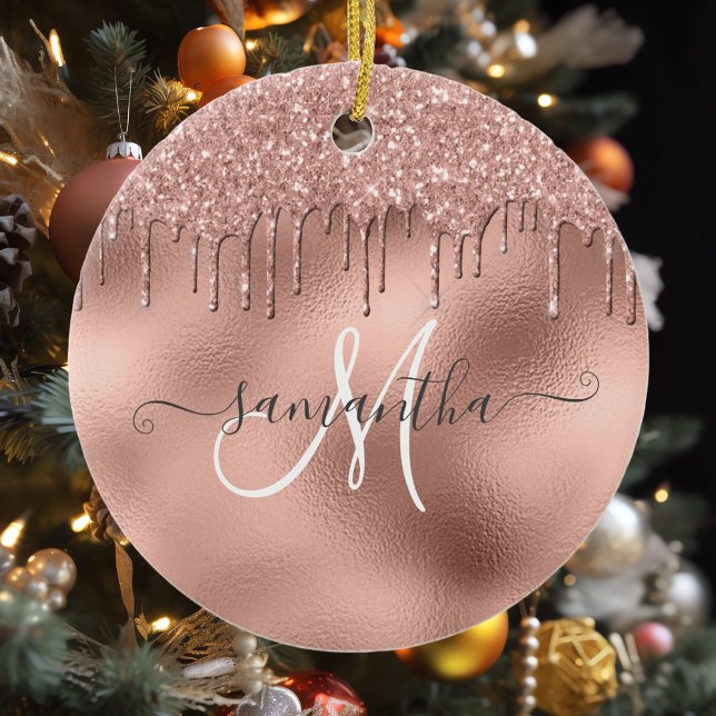 Rose Gold Glitter Drips Hand Written Script name Ceramic Tree Decoration (Creator Uploaded)