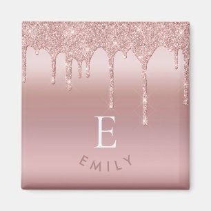 Rose Gold Glitter Drips Initial Name Monogram Magnet