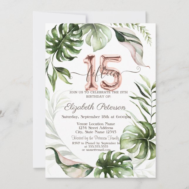  Rose Gold Glitter Drips Leaves 15th Invitation (Front)