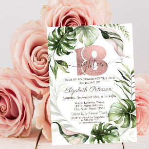  Rose Gold Glitter Drips Leaves 18th Birthday  Invitation