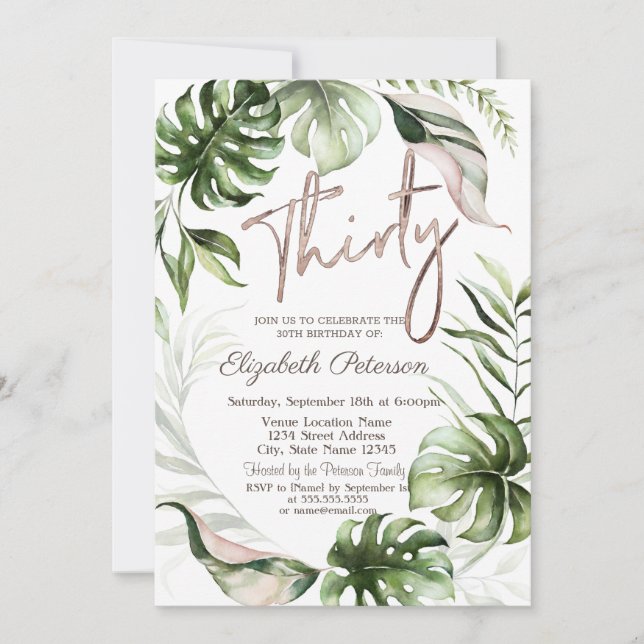  Rose Gold Glitter Drips Leaves 30th Birthday  Invitation (Front)