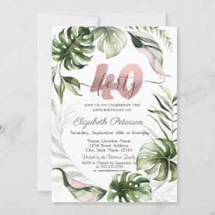 Rose Gold Glitter Drips Leaves 40th Birthday  Invitation
