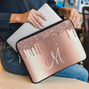 Rose Gold Glitter Drips Metal  Monogram Trendy Laptop Sleeve