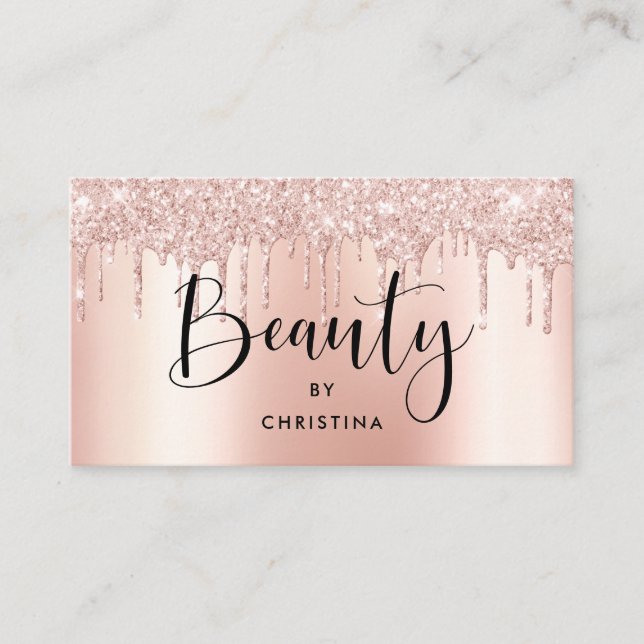 Rose gold glitter drips metallic beauty salon business card (Front)
