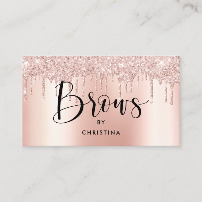 Rose gold glitter drips metallic elegant brows business card (Front)