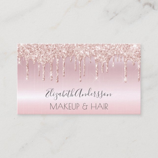 Rose gold glitter drips metallic makeup hair business card (Front)