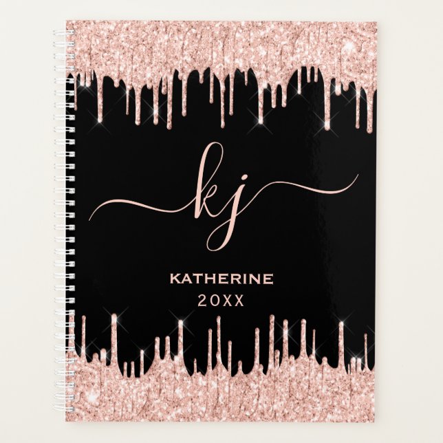 Rose Gold Glitter Drips Monogram Beauty Salon Planner (Front)