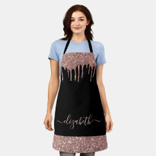 Rose Gold Glitter Drips Monogram Black Apron