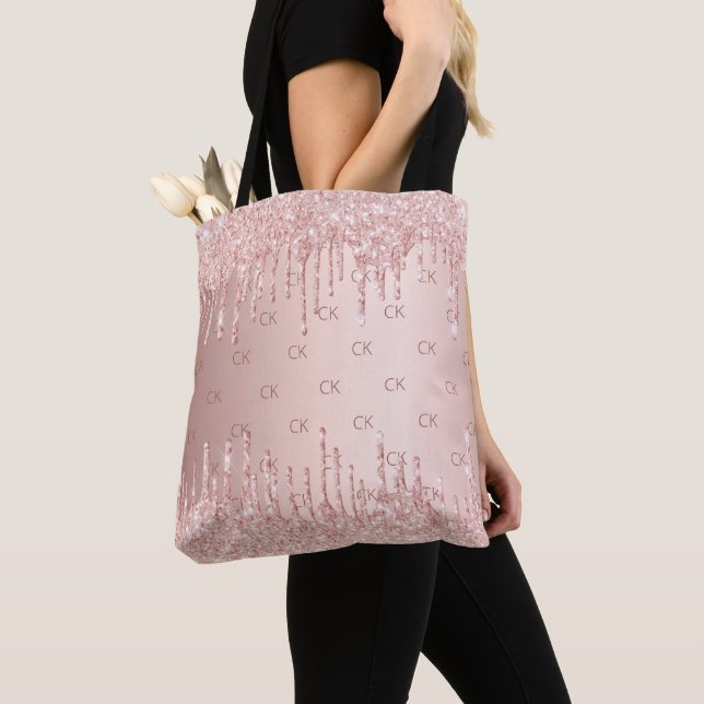 Rose gold glitter drips monogram elegant  tote bag (Close Up)